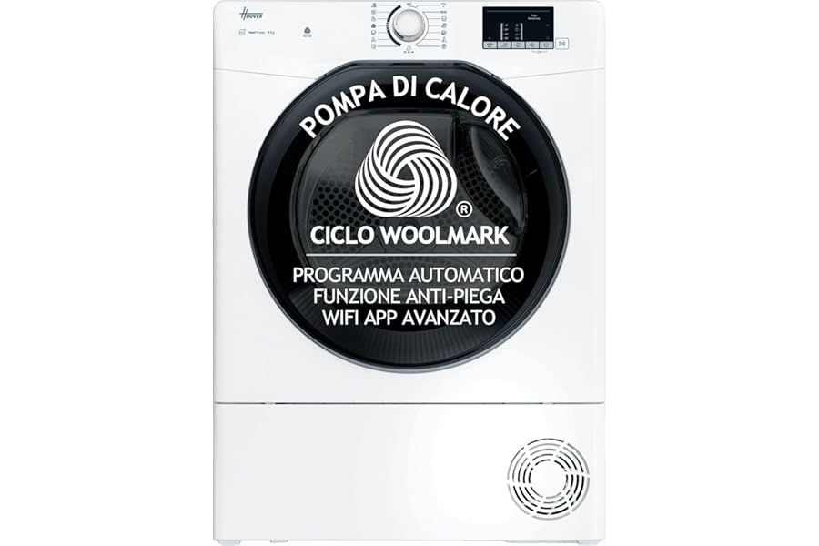 Hoover H-DRY 350 Dryer 8 kg, Heat Pump, Freestanding, 85 x 60 x 58.5 cm (HxWxD), Class D, Wi-Fi + BLE Control, App hOn, 16 Programs, White - HR EH8N2DBE-S