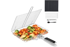 BEWOS Cestino per Grigliate di Pesce, Griglia Barbecue in Acciaio Inox con Borsa e Spazzola, Pieghevole e Portatile, Graticola per Barbecue con Manico Rimovibile per Bistecche di Pesce e Verdure