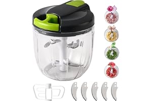 GENOSSEN Hachoir à oignon manuel, trancheur de légumes 900 ML, hachoir à oignon avec 5 lames en acier inoxydable et 1 mélangeur, hachoir multifonction avec cordon de traction, pour oignons, ail (Vert-900ml)