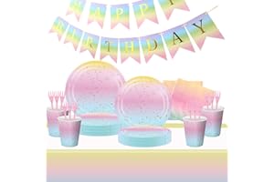Hiaktnlh Accessoires de fête arc - en - ciel d'anniversaire pour enfants, assiettes d'anniversaire pour enfants, assiettes en carton, tasses, serviettes et pailles pour 10 personnes (04-CAIHONG-D1)