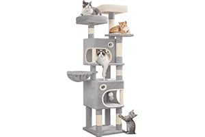 Hzuaneri Arbre à Chat Hauteur 159 cm, Tour de Jeux pour Chat avec 8 Griffoirs, 3 Plateformes, 2 Niches, Panier, Pompons, Convient Aux Chats de Toutes Tailles, Gris Clair MS15918LG