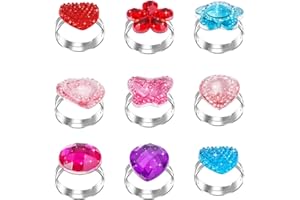 ASTER Lot de 9 anneaux réglables pour fille avec cristaux fer métal pierre précieuse acrylique résine pour jouer et habiller, fête d'anniversaire fille