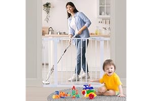 COMOMY Treppenschutzgitter ohne Bohren, 75 bis 103cm Türschutzgitter für Kinder und Haustiere, Kindergitter mit 7cm und 14cm Verlängerungen, 90° Stop, Selbstschließend, Weiß