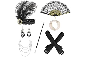 Amycute 7 Pezzi Accessori Anni 20 Donna, Set Accessori Anni '20 Fascia Capelli Guanti Collana, Kit Accessori Costume Gatsby Anni 20 per Festa degli Anni '20, Halloween, Carnevale