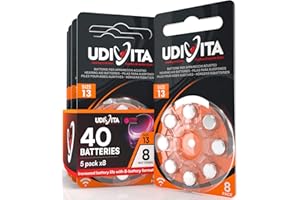 40 Hearing Aid Batteries Size 13 Udivita (Orange) PR48 Zinc-Air with Phono Pulse Technology - 5 Blisters of 8 Batteries