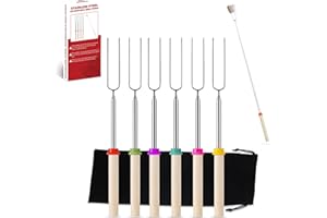 ELVYNIA 6 Pack Marshmallow Toasting Forks Kit - Extending Stainless Steel U-Shape Smores Sticks for Roasting & Toasting Over an Open BBQ - Retractable Fire Pit Accessories for Outdoor, Indoor Campfire
