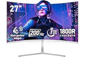 Gawfolk Écran PC 27 Pouces incurvé 200Hz Gaming Computer Moniteur, 1800R,1ms，FHD 1080p, 178 ° Grand Angle,Haut-Parleur intégré, HDMI、DisplayPort,Compatible avec Montage Mural 100 * 100mm- Blanc