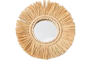 Benoon Espejo con cuerda colgante para paredes, espejo colgante de paja marroquí con cuentas de madera acrílico adorno para apartamento, sala de estar, dormitorio, entrada, 3