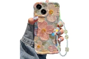 Jusy Funda para iPhone 15 con diseño de flores de pintura al óleo, con cadena de pulsera, colorido retro floral, lindo marco ondulado, para mujeres y niñas, para Apple 15 (verde)