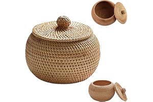 HEMORE Caja de ratán con Tapa, Cesta de Almacenamiento de ratán pequeño de 5.9 Pulgadas con Tapa, Caja de Almacenamiento de Mesa de Mimbre multipropósito para decoración de la Cocina de la casa de la Granja