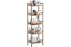 HITNET Libreria in bambù a 5 livelli, scaffale da bagno alto 55,9" con 5 ripiani aperti regolabili, espositore per fiori di piante autoportante da pavimento, noce