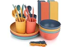 ONEZEBRA Set de Vaisselle de Camping, 44 Pièces de Vaisselle de Pique-nique,Service de Table de Table Combiné Avec Bol, Assiette, Cuillère, Fourchette, Couteau，Palillos et Gobelet, Pour Pique-nique, Cuisine