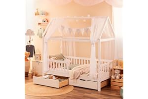 ‎ALCUBE Alcube® Hausbett 160x80 mit Rausfallschutz, Lattenrost - KOMPLETT Set - inkl. Matratze 80x160, Schubladen und Weiß Deko - Kinderbett 80x160 cm für Jungen & Mädchen - Kinder Haus Bett Kiefer Holz Weiß