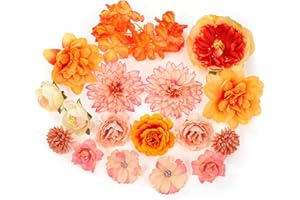 MWOOT 17 Pieces Fleurs Artificielles, Têtes de Fleurs Rose Pivoine Nénuphar Artificielles, Fausse Fleur Decoration pour DIY Bouquet Couronne Mariage Fête Festival Maison Jardin Artisanat(Orange)