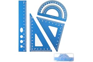 DHWEKU requerre,Latte 15 cm, 4 pièces règle en métal Ensemble Coins arrondis Conception de sécurité Papeterie mathématiques géométrie Kit rapporteur étudiant Enseignant école Outil Essentiel,Bleu