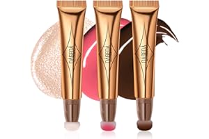 Prreal 3PCS Contour Highlighter Blush Beauty Wand with Soft Cushion Applicator, Smooth Creamy Matte Liquid Concealer Blush Highlighter Stick, Shimmer Long Lasting Body Face Pen for Makeup(04+07+08)