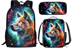 chaqlin Juego de 3 mochilas escolares para niños, mochila con bolsa de almuerzo, bolsa para lápices, animales, dinosaurio, lobo, fútbol, bolsas de libros para niños y niñas, Diseño Galaxy Night Wolf,