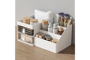 LATAWON White Makeup Organizer with Drawer - Office Desktop Storage Box, Cosmetic Brush Holder, Mini Desk Organizer for Office, Vanity, Bathroom & Bedroom