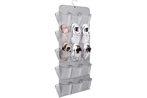MISSLO 30 Large Pockets Hanging Shoe Rack Storage Organiser for Wardrobe Rail with Rotating Shoe Hanger Toddler, Dual Sided, Grey