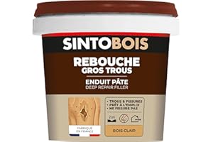 SINTO - Rebouche gros trous et fissures - Rebouche bois - Excellente adhérence - Sans Odeur - Facile et Prêt-à-l'emploi - Intérieur & Extérieur - Ne fendille pas - Teinte bois clair - 500g
