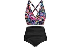 Svanco Maillots de Bain Femme Deux Pièces Gainant Ventre Plat Taille Haute Ensembles avec Attaches Bikini Set Push Up Col V Élégant