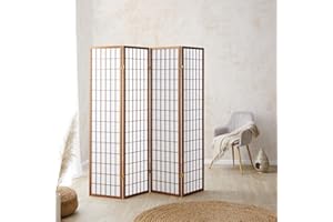 ‎HOMESTYLE4U Homestyle4u 163, Paravent Raumteiler 4 teilig Holz Braun Sichtschutz Raumtrenner Reispapier Weiß Höhe 175 cm