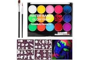 TALIFOCA Glow Paint, 15 Colori Pittura Corpo Face Painting, Color Body Paint Trucchi Neon con 4 Stampini e 2 Pennelli