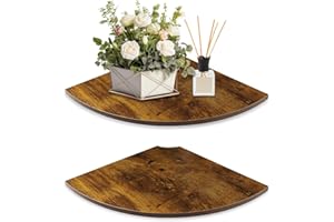 JJL Corner Shelves, 12-Inch Depth Sector Corner Shelf Wall Mounted with Wire Hole, 2 Tier Circular Arc Corner Hanging Shelving for Wall Storage, for Speaker, Cable Box, Rust Brown