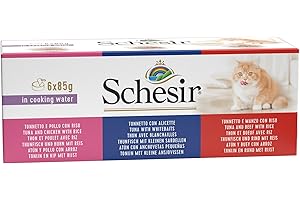 Schesir Cat in Brühe – karma dla kotów mokra z tuńczykiem, filetem z kurczaka i leszczem we własnym bulionie do gotowania, wysoka tolerancja, opakowanie zbiorcze w puszkach (6 x 70 g)