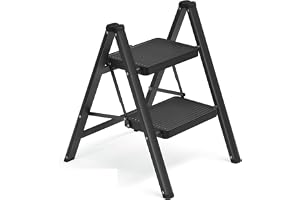SONGMICS Trappstege, hopfällbar pall, hopfällbar stege 2 steg, belastbar upp till 150 kg, stege, av stål, lätt att förvara, för hushåll kontor, svart, 55 x 43,4 x 61,8 cm GSL102BZ01