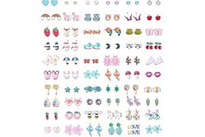 LOLIAS 60 Pairs of Se Earrings for Girls - Stainless Steel Stud Earrings with Animals, Flowers and Fruits - Hypoallergenic Pearls Earrings for Children and Women