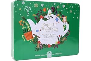 English Tea Shop Organic Premium Holiday Collection Holly Green Gift Tin 36 Tea Bag Sachets - 6 Different Flavours