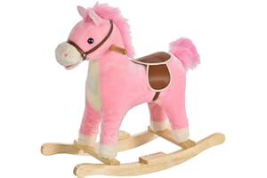HOMCOM Cheval à Bascule Selle Grand Confort Peluche Courte Douce Bois peuplier Rose dim. 65L x 32,5l x 61H cm