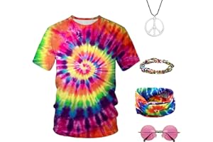 ANSAMY Juego de disfraz hippie para hombre y mujer, disfraz hippie de los años 80, camisetas con cintas coloridas, pulsera, collar, accesorios de girasol, traje de los años 60 y 70, para fiestas temáticas de
