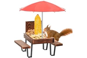 KHayRovies Squirrel Feeder for Outside, Picnic Table with Umbrella and Corn Cob Holder, Outdoor Feeding Bench Station for Garden Trees Forest House Ornament