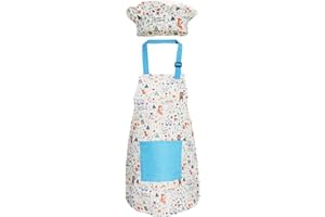 Jennice House Kids Apron and Chef Hat Set, Cute Children Baking Aprons for Boys and girls Cooking Artists Painting Gardening Aprons (Blue Animals, Small)