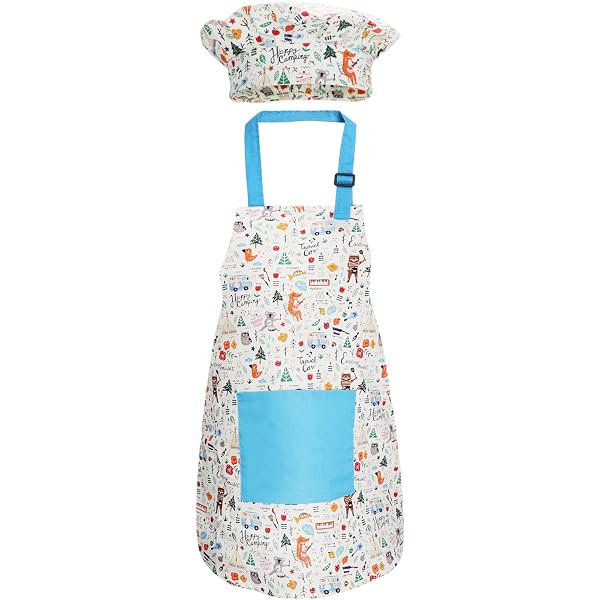 BLUECHOLON Ensemble Chef Enfant – Tablier 49,5 X 59,5 Cm Et Chapeau – Tissu Non Tissé 80 G – Poche Pratique – Idéal Pour Jeux De Cuisine Et Cours De Patisserie