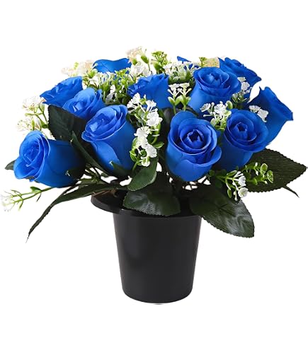 Fleur Artificielle En Pot Pour Tombe - Arrangement Soie Lys Et Roses - 35 Cm - Résistant Aux Intempéries - 9