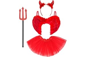 REDSTAR 4pc Red Devil Costume Women Halloween Costumes - Red Wings Sequin Horns Headband Tutu Skirt and Pitchfork Halloween Ladies Devil Outfit - Fallen Angel Fancy Dress Accessories