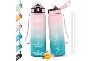 HoneyHolly Gourde 1l, Étanches, Gourde Paille, sans BPA & Réutilisable, Bouteille, Motivation Bouteille d'eau, Avec Marqueur de Temps, Water Bottle pour Gym, Ecole, Cyclisme, Plein air, Sport