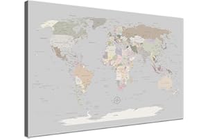 ‎LANA KK Weltkarte-Pinnwand als Leinwandbild, pinne Deine Reisen und Erinnerungen – World Map Light - Deutsch - Landkarten-Wandbild in hellgrau, 80 x 60 cm
