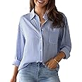 hathne Women's Button Down Striped Shirts Casual V-Neck Long Sleeve Stripes Business Blouses with Pocket