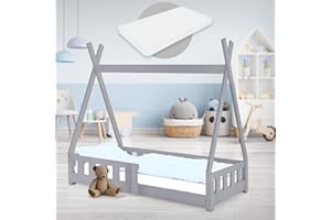 ‎ML DESIGN MODERN LIVING ML-Design Kinderbett Tipi 70x140 cm Hellgrau mit Matratze, Rausfallschutz & Lattenrost, aus Kiefernholz, Indianer Bett für Mädchen & Jungen, Hausbett mit Zaun, Bodenbett Jugendbett Spielbett Holzbett