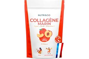 NUTRI & CO Collagene Marin Poudre Types 1, 2, 3 + Vitamine C, Breveté Naticol® & Cartydiss®, Peau Hydratée Soutien Articulaire, Peptides Hydrolysés 2000 DA, 180g Goût Pêche 30jrs, Fabriqué en France
