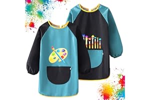 VMUTGA 2 Pièces Tablier Peinture Enfant, Blouse Peinture Enfant 6-12 Ans Imperméables Tablier Manches Longues Réutilisable avec Poche pour Filles Garçons L'école Activités Peinture Cuisine Artisanat