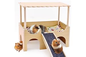 GHWMYD Cabane Cochon d'Inde, Grande Maison Lapin avec Rampe 3 Entrées, Maisonnette pour Rongeurs Nature 38 x 25 x 35cm, Cachette en Bois Petits Animaux de Compagnie, Hamsters Nains, Chinchilla