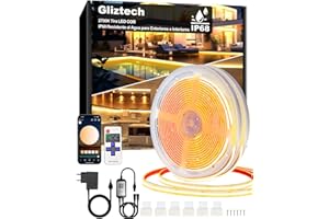GLIZTECH Cinta LED Cob 30M(2X15M） Exterior IP68 Impermeable, Tira LED Blanca Cálida Autoadhesiva 2700K Fuente de Alimentación 24V Led Cob Aplicación y Mando a Distancia para el Techo Delantero, Jardín, Piscina