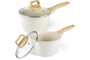 GiPP Set di pentole per salse da 1,5L&2,5L con coperchio antiaderente - pentola per salse antiaderente in granito bianco con manico raffreddato, senza PFOA (bianco, 16cm&18cm)