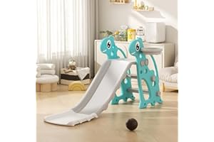 VUECER Rutsche mit Klettergerüst für Kinder: Indoor Spielplatz mit - Aufbewahrungsbox Tunnel Treppenleiter Basketballkorb und Durchgangsbereich Gartenrutsche (Dinosaur-Blue)