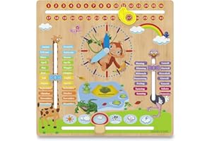 WoodyWood® Kalenderuhr für Kinder - Lernuhr aus Holz, zweisprachig, 30 X 30 cm - Montessori Jahresuhr zum Lernen der Uhrzeit, dem Datum, der Wochentage, Monate, Jahreszeiten und des Wetters